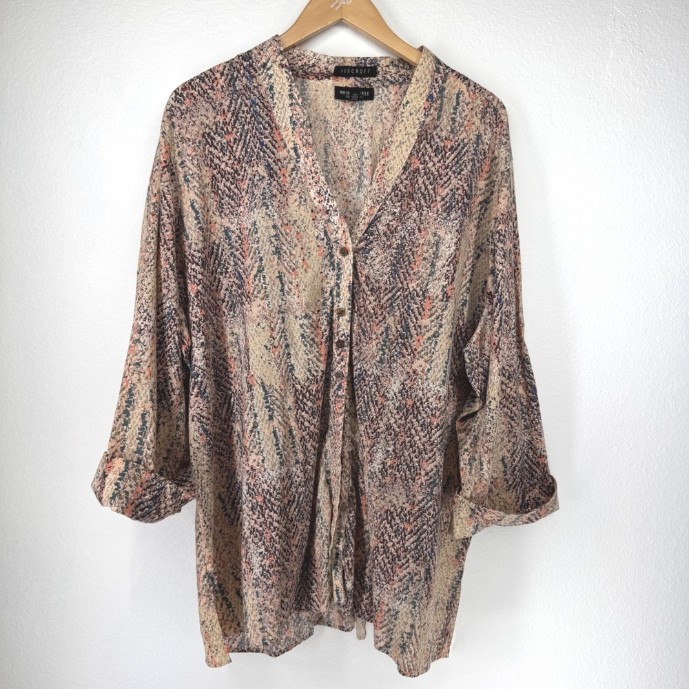 Foxcroft Button‎ Top Womens Size 22W 2x Tan Abstract Work Casual Cotton Career